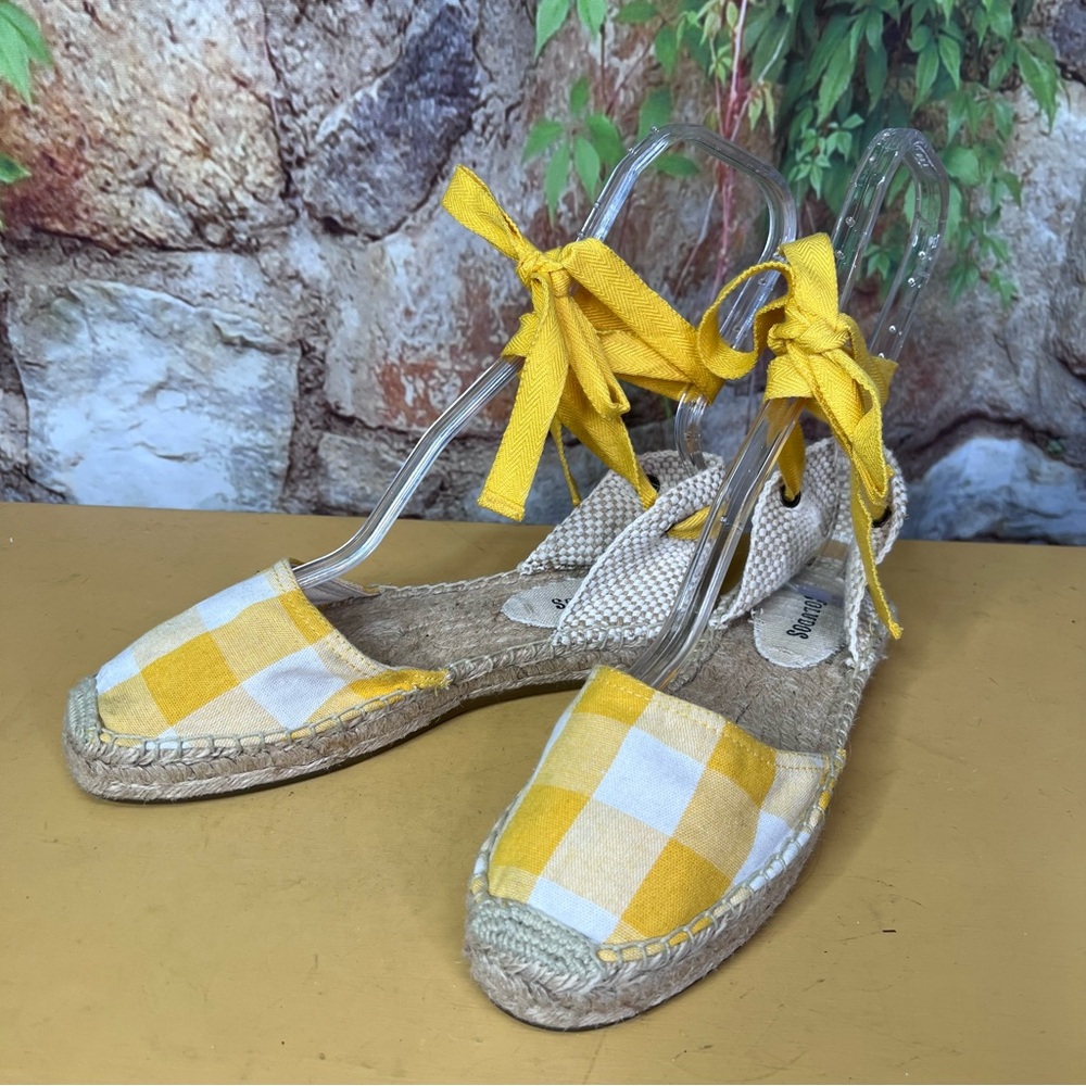 SOLUDOS Nautical Yellow/White Buffalo Check Lace-Up Espadrille Sandals, 7.5/38 - Picture 3 of 11